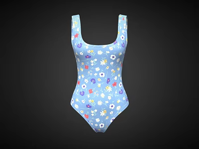 Blue One Piece Swimsuit With Colorful Floral Pattern And Square Neck Design 3d model
