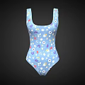 Blue One Piece Swimsuit With Colorful Floral Pattern And Square Neck Design