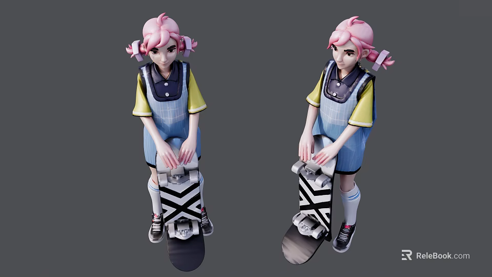 Cute Pink Haired Girls In Blue Overalls Holding Skateboards With Black White Patterns 3d model 