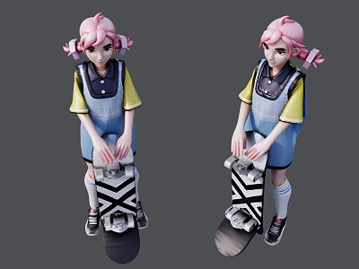 Cute Pink Haired Girls In Blue Overalls Holding Skateboards With Black White Patterns 3d model