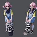 Cute Pink Haired Girls In Blue Overalls Holding Skateboards With Black White Patterns