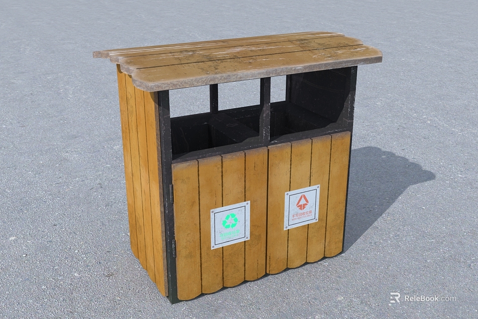 Wooden Public Trash Bin With Double Compartments And Recycling Symbols 3d model 