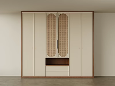 Modern Wardrobe Design With Cream Colored Wooden Frame Double Rattan Panel Doors And Bottom Drawer 3d model