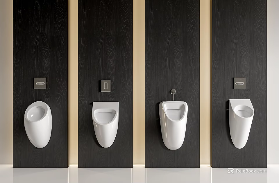 White Wall Mounted Urinals In Modern Bathroom With Dark Wood Paneling 3d model 