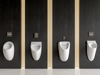 White Wall Mounted Urinals In Modern Bathroom With Dark Wood Paneling 3d model