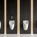 White Wall Mounted Urinals In Modern Bathroom With Dark Wood Paneling