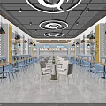 Spacious Cafeteria Interior With Food Stalls Yellow Pillars Wooden Ceiling And Tables Chairs