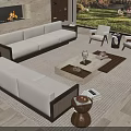 Modern Sofa and Coffee Table Set With Fireplace Large Windows and Wooden Flooring