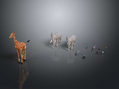 People Figures With Giraffe And Elephants In Model Scene On Reflective Surface 3d model