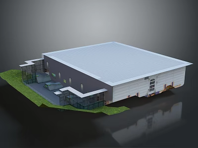 Industrial Warehouse Building With Gray Roof Glass Entrance White Walls And Green Grass 3d model
