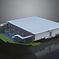 Industrial Warehouse Building With Gray Roof Glass Entrance White Walls And Green Grass