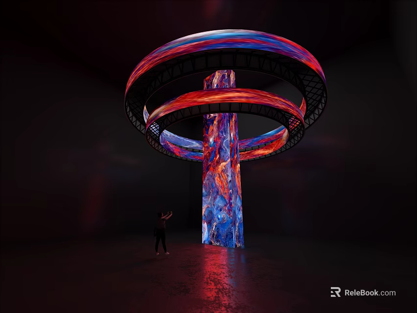 Large Colorful Art Installation With Spiral Rings Red Blue Textured Pillar And Light Effects 3d model 