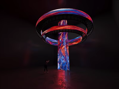 Large Colorful Art Installation With Spiral Rings Red Blue Textured Pillar And Light Effects 3d model