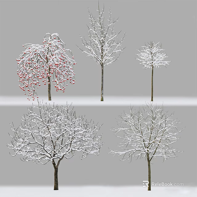 Various Winter Trees Featuring Snow Covered Branches and Red Fruits 3d model