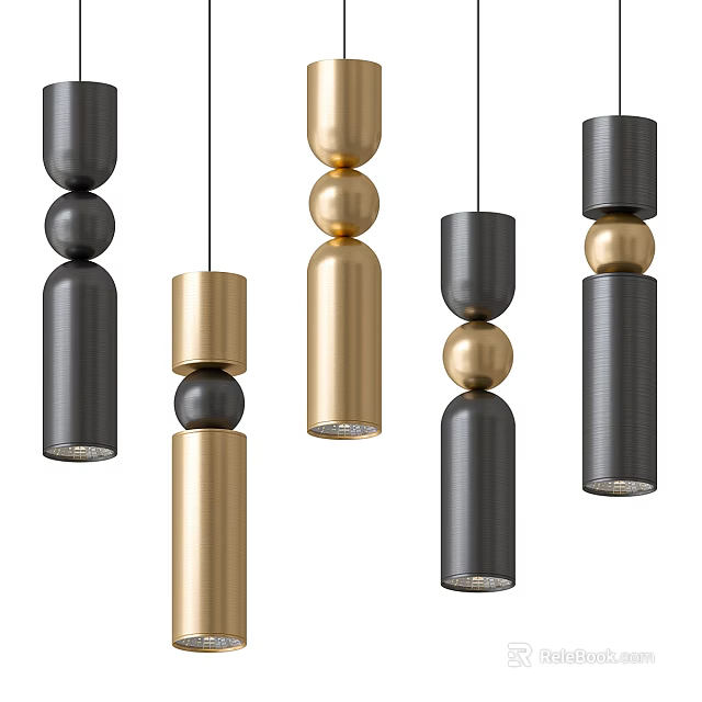 Stylish Modern Black And Gold Chandeliers With Cylindrical Spherical Elements 3d model