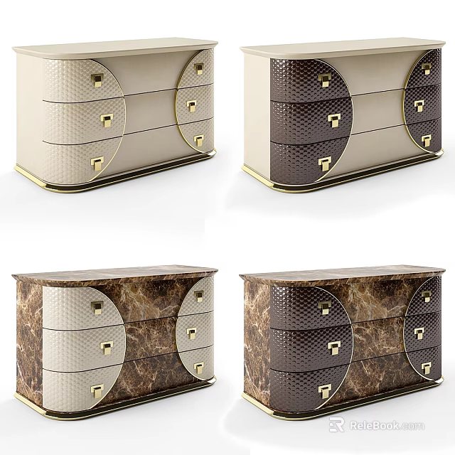 Luxury Modern Chest of Drawers with Marble Leather Finish and Gold Handles 3d model 