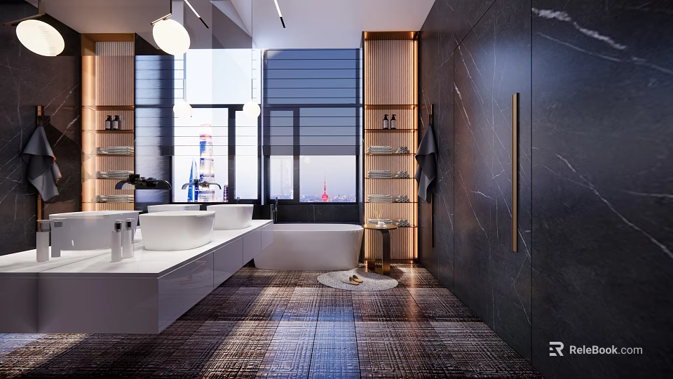 Elegant Modern Bathroom Interior Design With White Vanity Bathtub Marble Walls And Wooden Shelves 3d model 