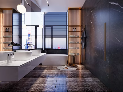 Elegant Modern Bathroom Interior Design With White Vanity Bathtub Marble Walls And Wooden Shelves 3d model