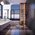 Elegant Modern Bathroom Interior Design With White Vanity Bathtub Marble Walls And Wooden Shelves