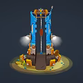 Cartoon Style Mechanical Tower Scene With Gears Flag Searchlight And Stone Base