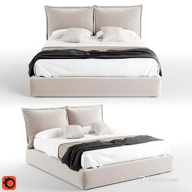 Modern Upholstered Double Bed With White Bed Linens And Dark Throw Blanket 3d model 