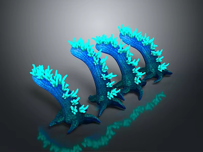 Four blue starfish with curved bodies blue glowing coral like protrusions on dark background reflections 3d model