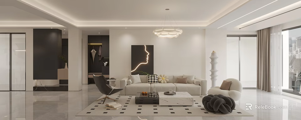 Soft Cream Tone Modern Open Plan Living And Dining Room Cozy Home Interior Design 3d model 