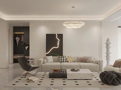 Soft Cream Tone Modern Open Plan Living And Dining Room Cozy Home Interior Design 3d model