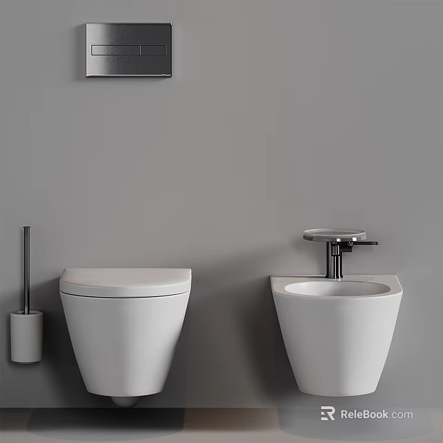 Modern Minimalist Bathroom With White Toilet Sink Toilet Brush And Gray Wall 3d model 