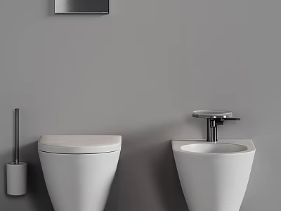 Modern Minimalist Bathroom With White Toilet Sink Toilet Brush And Gray Wall 3d model