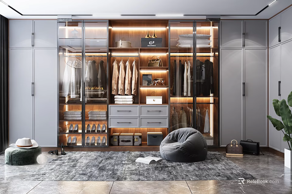 Modern Wardrobe Interior Design With Glass Doors Hanging Clothes Drawers And Built in Lights 3d model 