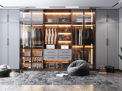 Modern Wardrobe Interior Design With Glass Doors Hanging Clothes Drawers And Built in Lights 3d model