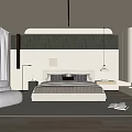 Minimalist Modern Bedroom Interior Design With Beige Linen Bedding Wooden Panel Wall And Pendant Light