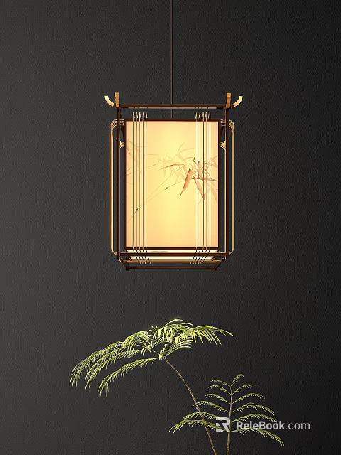 Chinese Style Wooden Chandelier With Bamboo Pattern And Gold Frame Design 3d model 