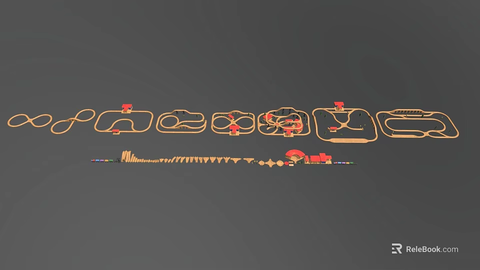 Model Train on Orange Tracks with Multiple Curves Small Stations and Trees 3d model 