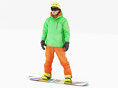 Man in Bright Green Jacket and Orange Pants Standing on Snowboard with Yellow Helmet 3d model
