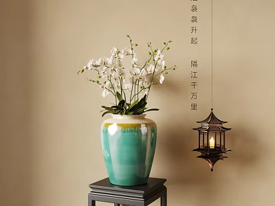Green Ceramic Vase With White Orchid Flowers On Black Stand By Chinese Lantern Beige Wall 3d model