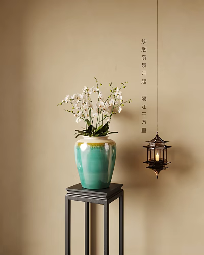 Green Ceramic Vase With White Orchid Flowers On Black Stand By Chinese Lantern Beige Wall 3d model