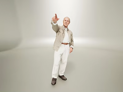 Man Wearing Beige Jacket Light Shirt White Pants Pointing Forward 3d model