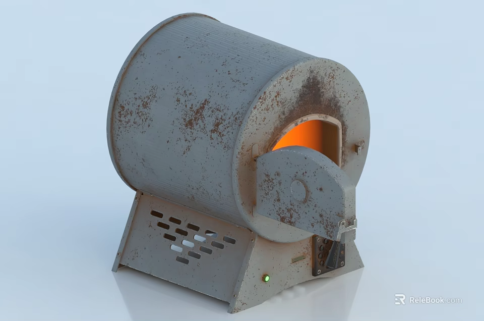 Industrial Equipment With Rusty Cylindrical Body Opening Orange Light Stand Vent Holes And Green Indicator 3d model 