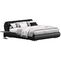 Modern Beige Upholstered Double Bed With White Brown Pillows Brown Blanket And Marble Side Table