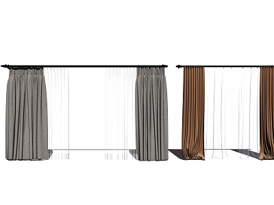 Gray And Brown Curtains With Sheer Panels And Black Curtain Rod Design 3d model
