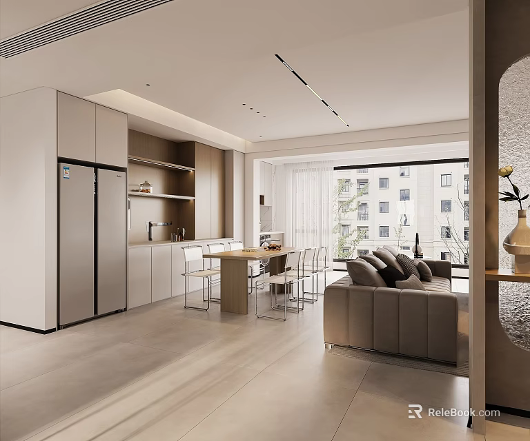 Modern Open Living Dining Room Interior With Light Sofa Dining Table And Cabinets 3d model