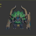 Mythical Fantasy Game Character With Wooden Horns Green Leaf Like Crystals And Blue Accents