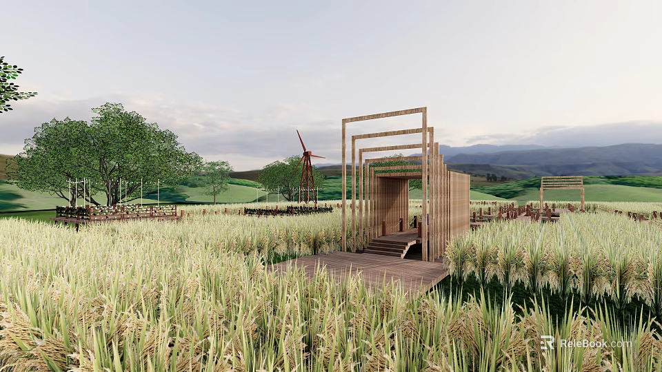 Scenic Rural Landscape With Golden Rice Fields Wooden Structure Windmill And Distant Mountains 3d model 