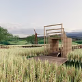 Scenic Rural Landscape With Golden Rice Fields Wooden Structure Windmill And Distant Mountains