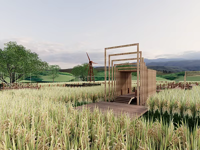 Scenic Rural Landscape With Golden Rice Fields Wooden Structure Windmill And Distant Mountains 3d model
