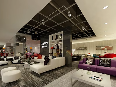 Modern Lounge Area With White Purple Sofas Coffee Table And Grid Ceiling 3d model