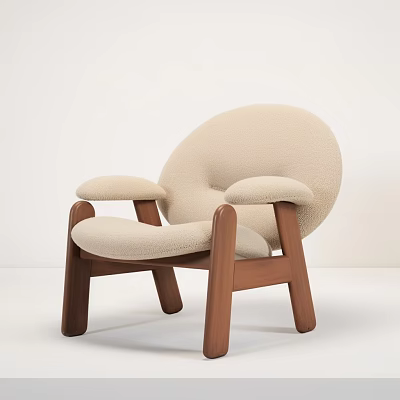 Modern Minimalist Beige Fabric Chair With Wooden Armrests And Curved Backrest 3d model