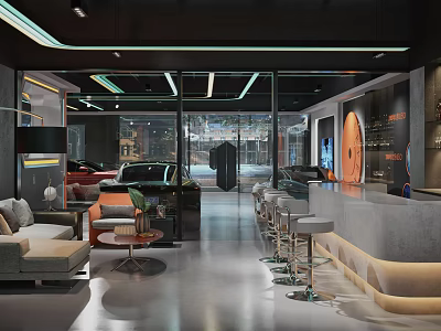 Modern Retail Store Interior With Sofa Bar Seating Glass Walls And Lighting Design 3d model